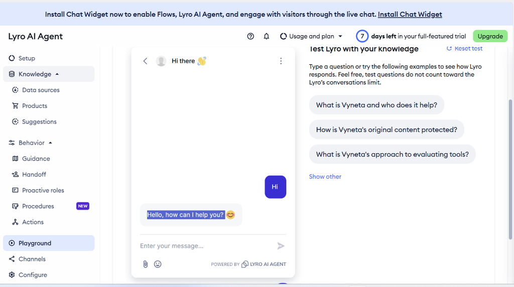 Tidio review showing Lyro AI Agent hands-on test