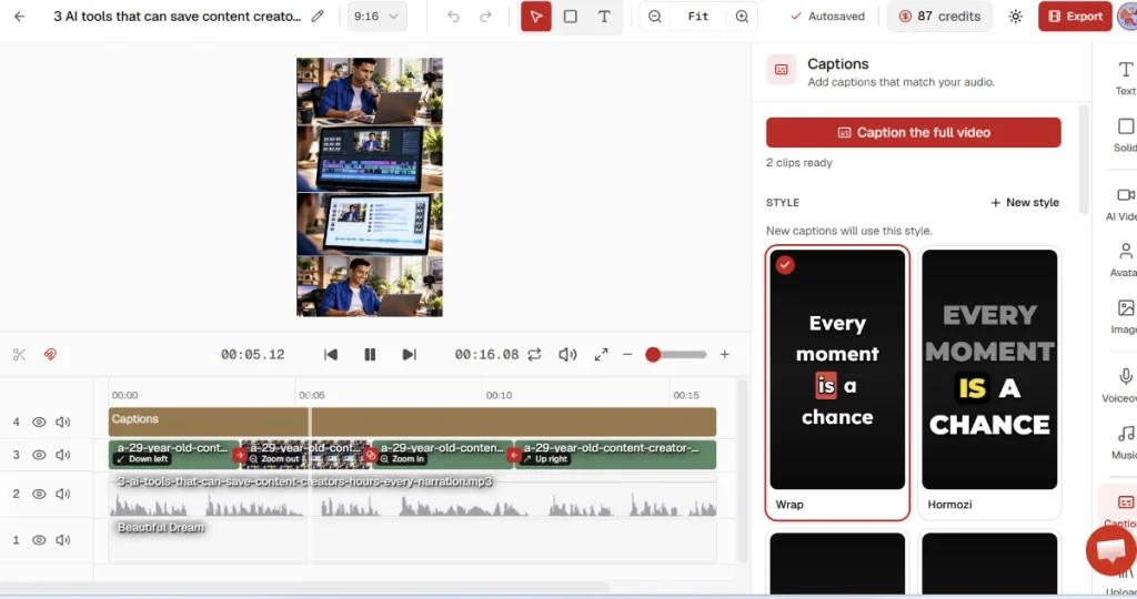 AITuber faceless video editor with visual, narration, music and caption timeline