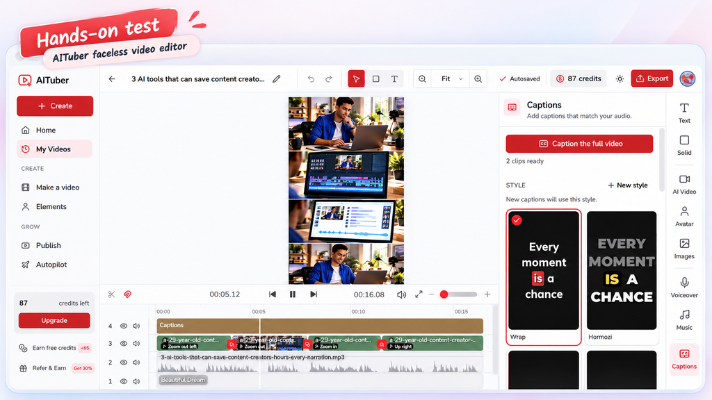 AITuber faceless video editor with captions, voiceover, music and timeline
