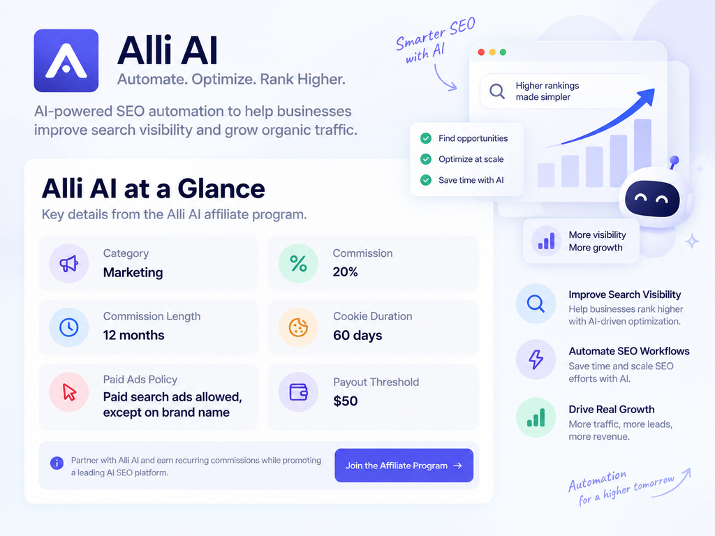 Alli AI affiliate program overview with commission, cookie duration and payout details
