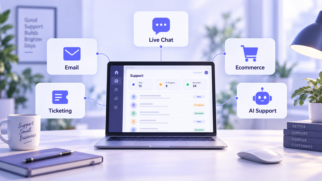 Concept illustration comparing customer support software by chat, email, ecommerce, ticketing, and AI needs