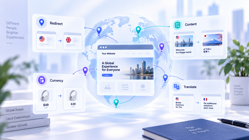 Concept illustration of Geo Targetly location-based redirects, content, currency, and translation