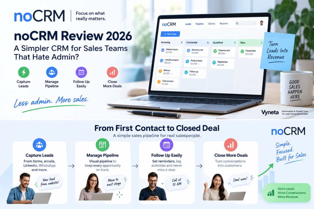 noCRM Review 2026 showing a simple visual sales pipeline for small teams