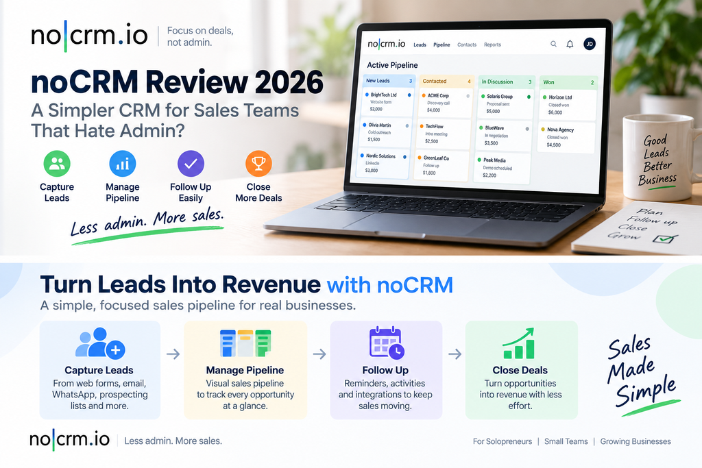 Concept illustration of noCRM lead capture, pipeline management, follow-up, and closed deals
