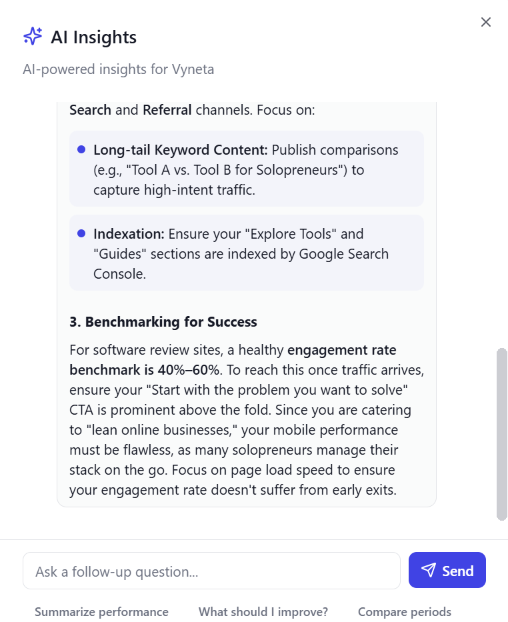 Page Pulse AI Insights giving SEO and performance recommendations for Vyneta