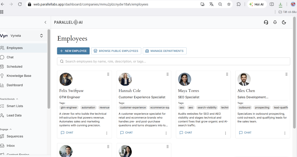 Parallel AI review dashboard with AI employees created for Vyneta