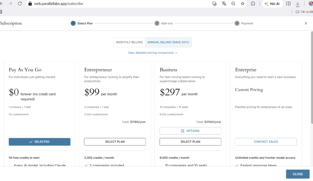 Parallel AI free plan with 50 credits and no credit card required