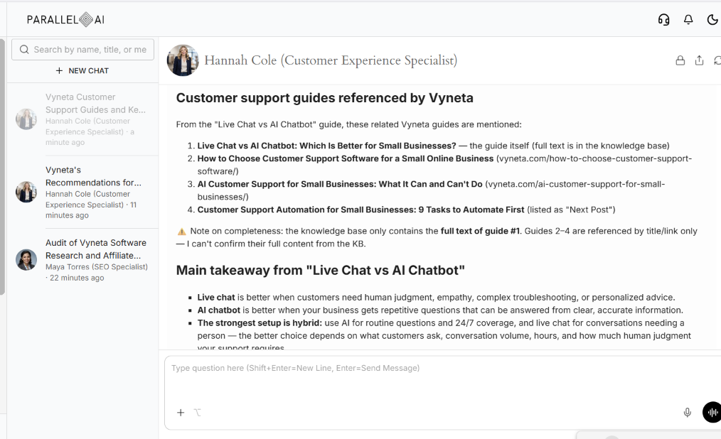 Parallel AI answering accurately from an updated Vyneta knowledge base