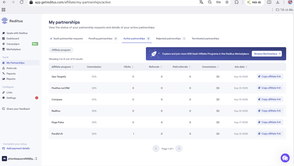 Reditus dashboard showing active B2B SaaS affiliate partnerships