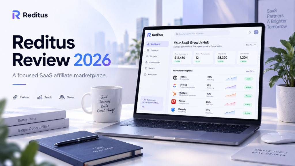 Reditus Review 2026 showing a SaaS affiliate management dashboard