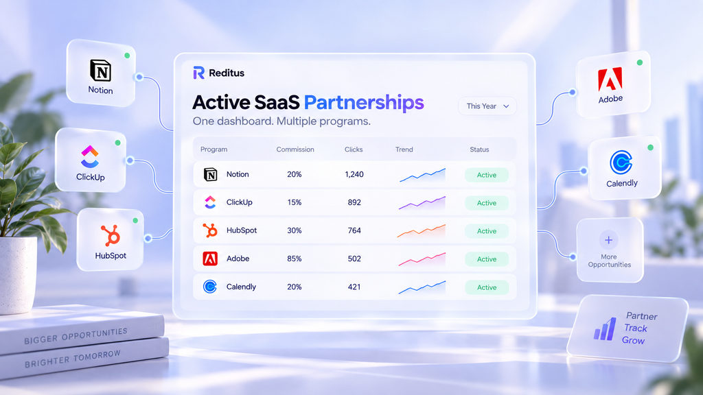 Concept illustration for Vyneta's Reditus Review 2026, showing a centralized dashboard for managing multiple B2B SaaS affiliate programs, commissions, clicks, and active partnership status from one place.