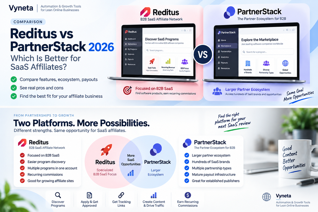 Concept illustration comparing Reditus and PartnerStack for SaaS affiliate publishers
