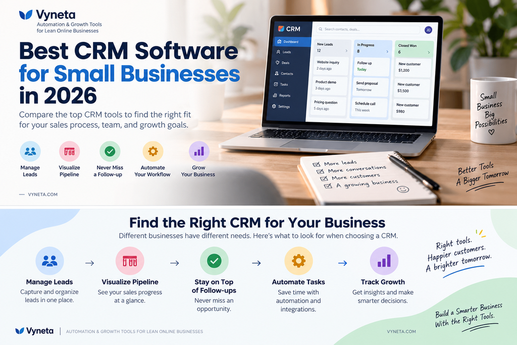 Concept illustration comparing CRM software by leads, pipeline, follow-ups, automation, and reporting