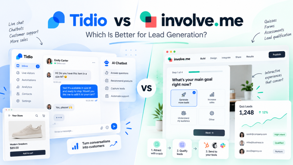 Tidio vs involve.me comparison for lead generation, showing live chat and interactive quiz workflows