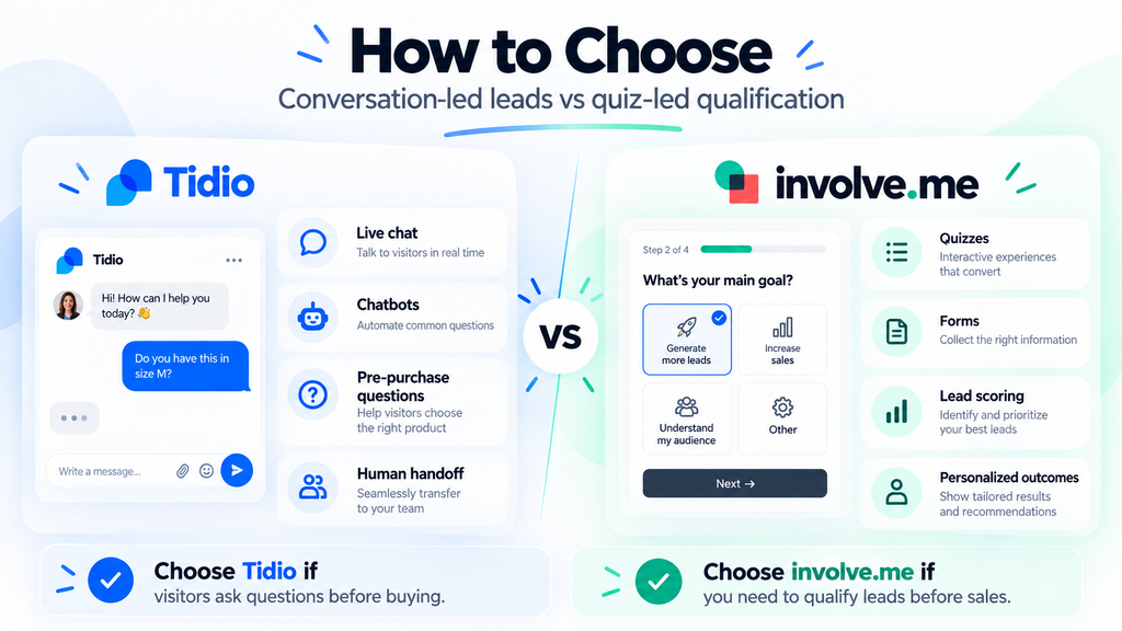 Tidio vs involve.me decision guide comparing chatbots and live chat with quizzes, forms, and lead scoring